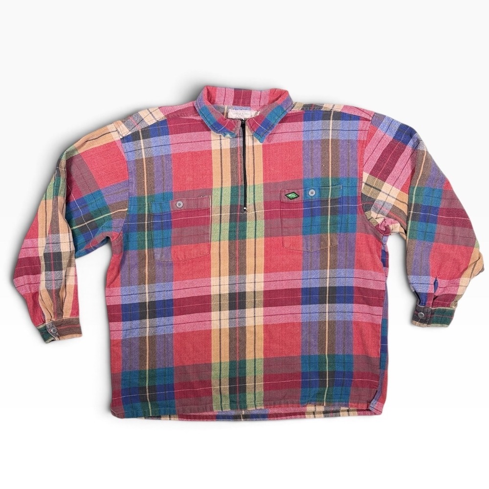 Vintage 90s Quiksilver QSD Saltwater Denim Plaid Flannel Anorak Pullover XL